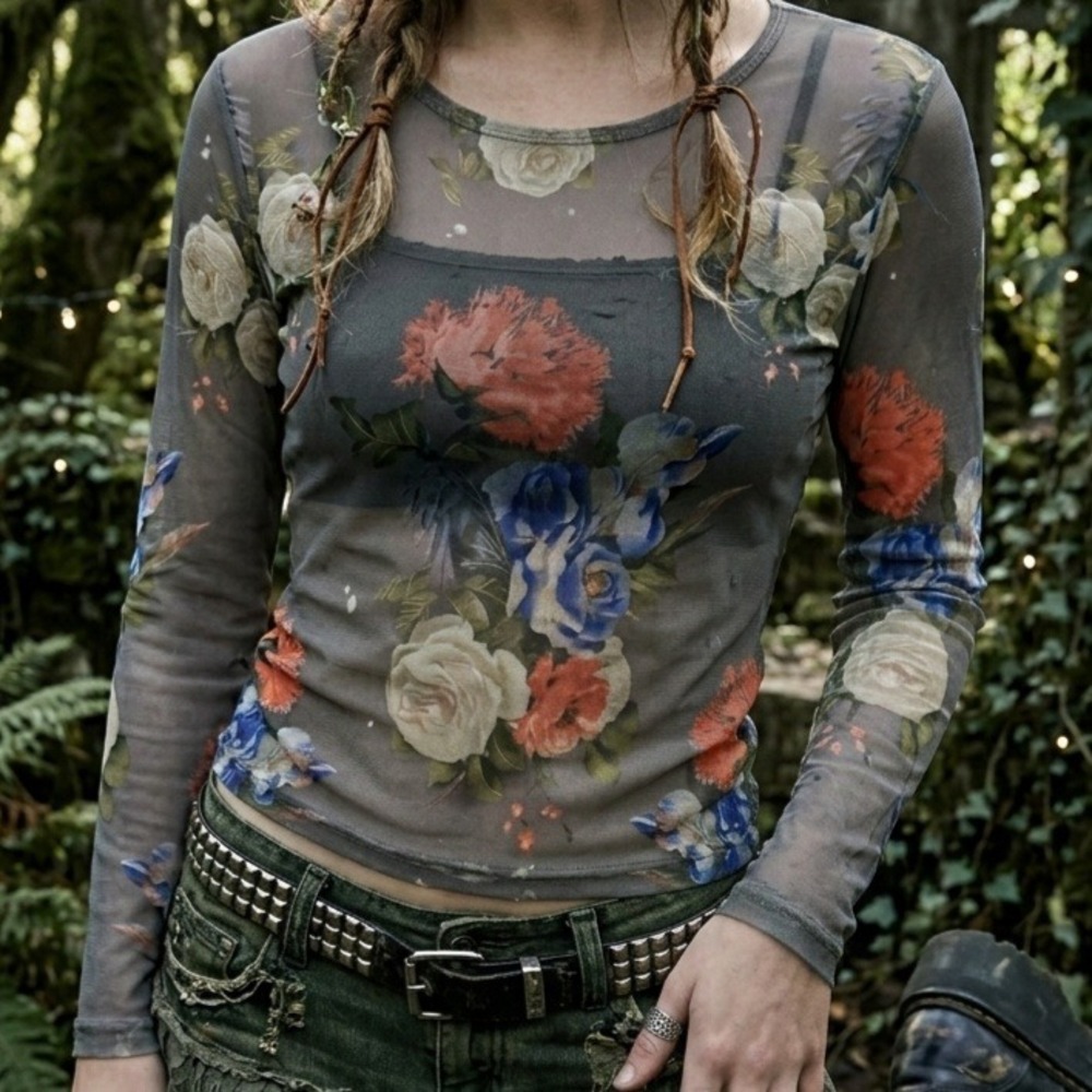 Y2k Floral Mesh Top M Sheer‎ Gray Long Sleeve Rose Fairy Grunge Indie Sleaze